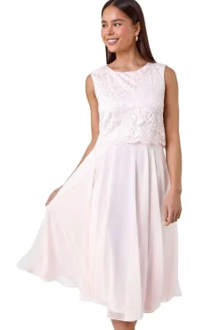 Roman Petite Light Pink Chiffon Overlay Lace Midi Dress
