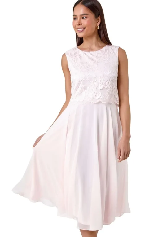 Roman Petite Light Pink Chiffon Overlay Lace Midi Dress