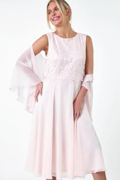 Roman Petite Light Pink Chiffon Overlay Lace Midi Dress
