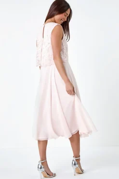 Roman Petite Light Pink Chiffon Overlay Lace Midi Dress