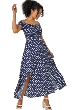 Roman Petite Navy Petite Polka Dot Bardot Maxi Dress