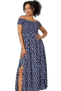 Roman Petite Navy Petite Polka Dot Bardot Maxi Dress