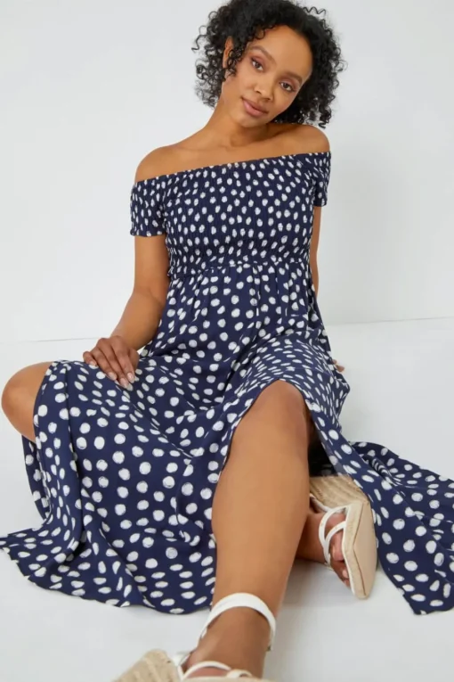 Roman Petite Navy Petite Polka Dot Bardot Maxi Dress
