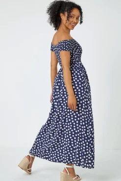 Roman Petite Navy Petite Polka Dot Bardot Maxi Dress