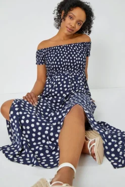 Roman Petite Navy Petite Polka Dot Bardot Maxi Dress