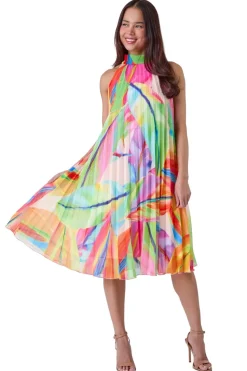 Roman Petite Orange Petite Tropical Halter Neck Pleated Dress