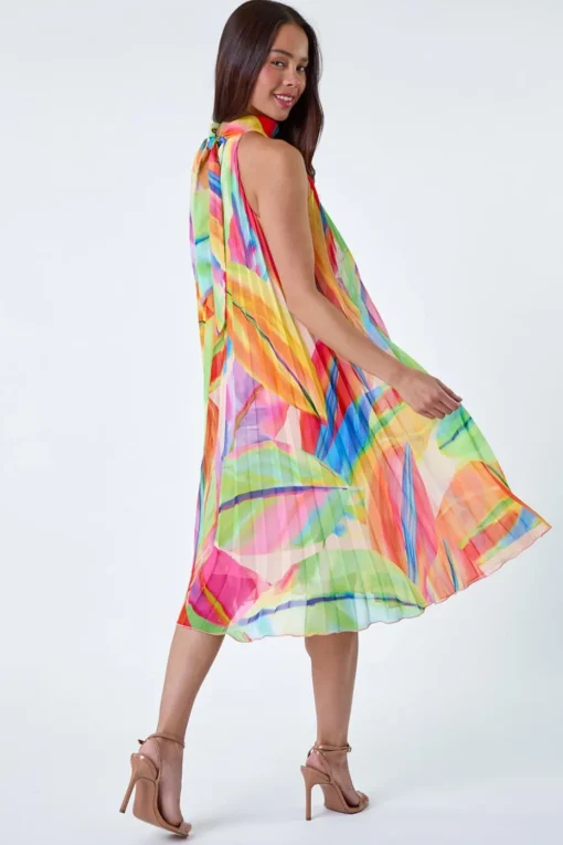 Roman Petite Orange Petite Tropical Halter Neck Pleated Dress