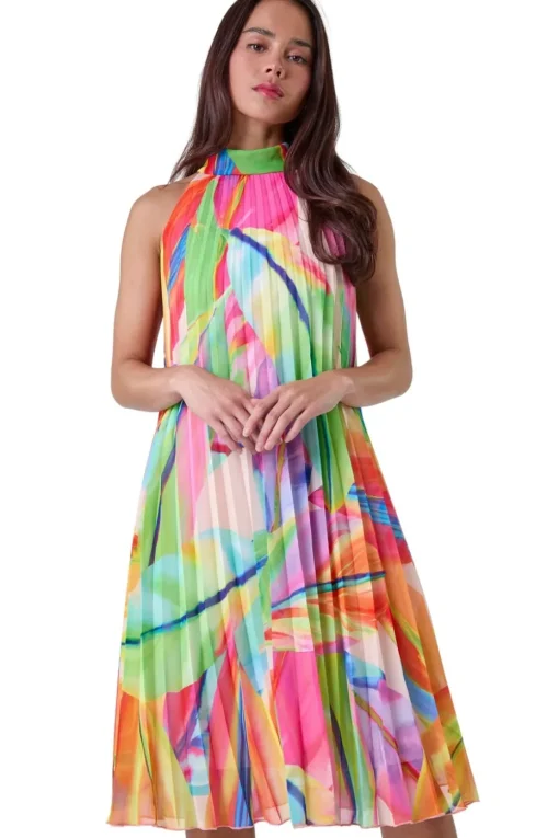 Roman Petite Orange Petite Tropical Halter Neck Pleated Dress