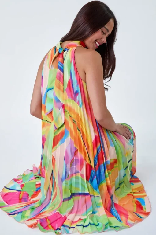 Roman Petite Orange Petite Tropical Halter Neck Pleated Dress