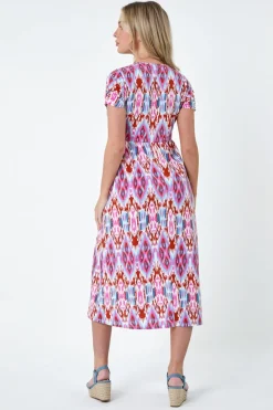 Roman Petite Pink Petite Aztec Print Stretch Pocket Midi Dress