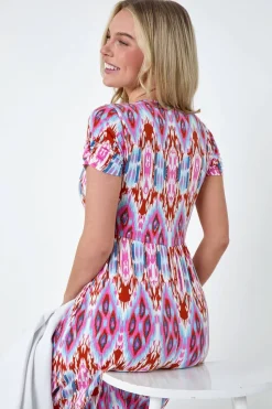 Roman Petite Pink Petite Aztec Print Stretch Pocket Midi Dress