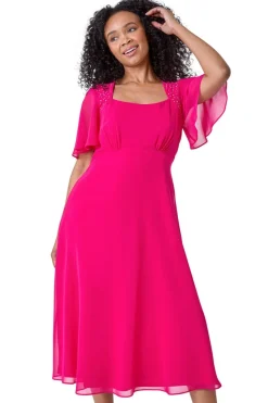 Roman Petite Pink Shimmer Pleated Chiffon Midi Dress