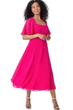 Roman Petite Pink Shimmer Pleated Chiffon Midi Dress