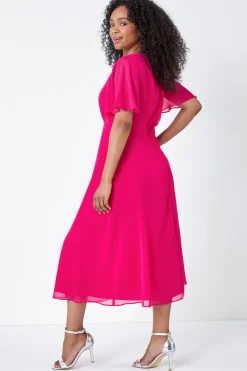 Roman Petite Pink Shimmer Pleated Chiffon Midi Dress