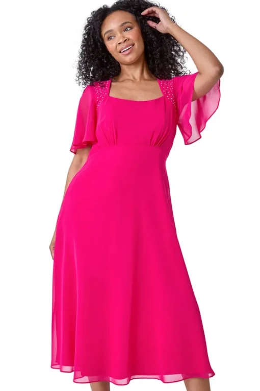 Roman Petite Pink Shimmer Pleated Chiffon Midi Dress