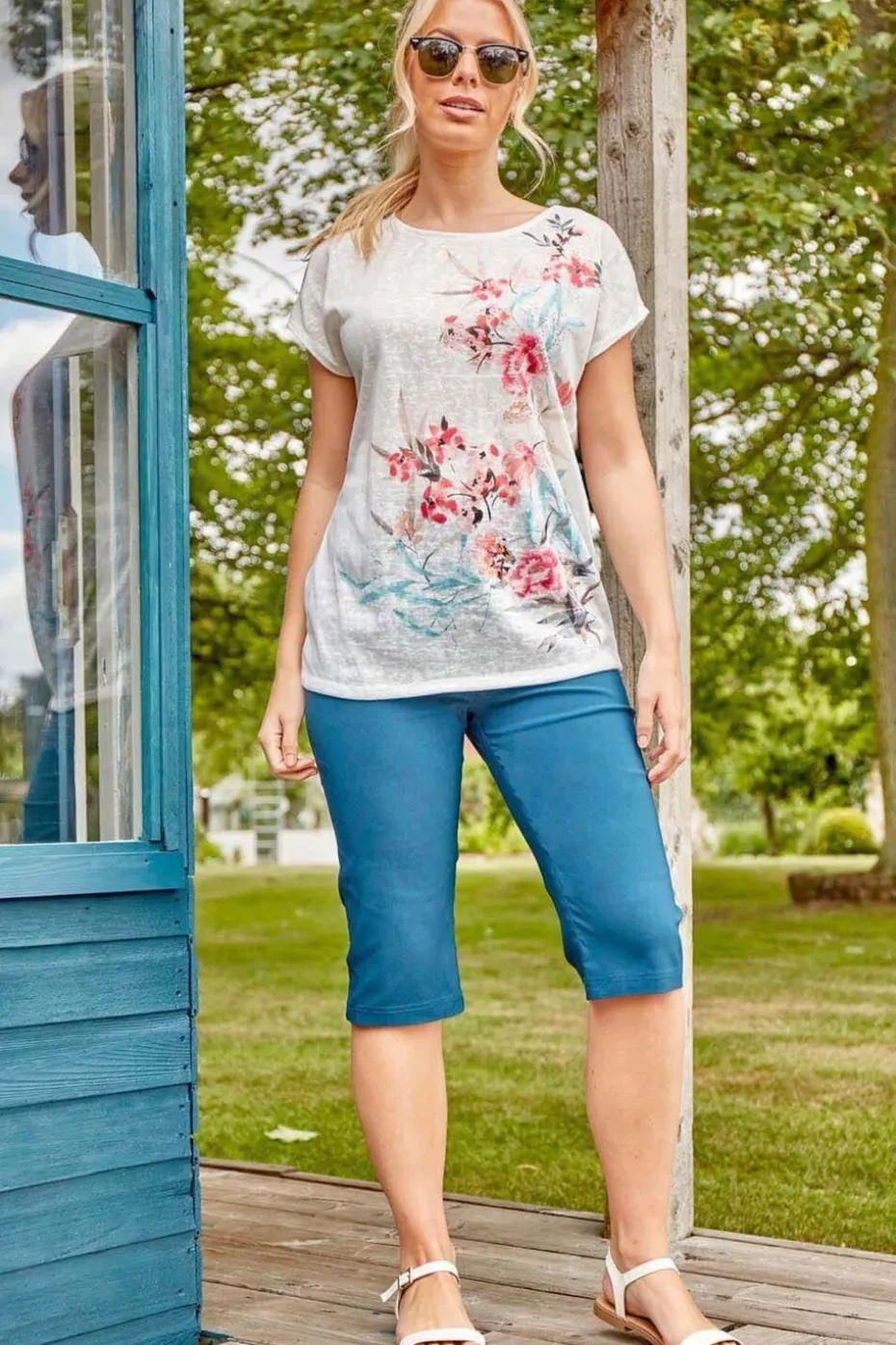 Roman Petrol Blue Stretch Knee Length Elastic Waist Shorts