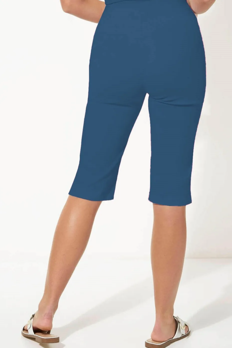 Roman Petrol Blue Stretch Knee Length Elastic Waist Shorts