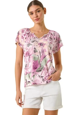 Roman Pink Abstract Floral Print Stretch Top