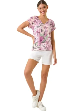 Roman Pink Abstract Floral Print Stretch Top