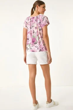 Roman Pink Abstract Floral Print Stretch Top