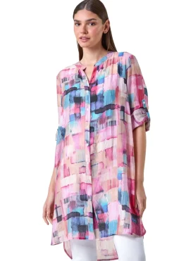 Roman Pink Abstract Print Longline Blouse