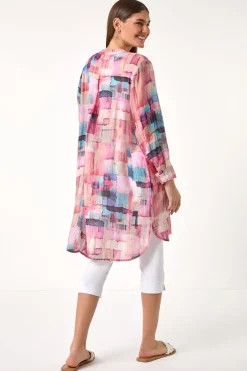 Roman Pink Abstract Print Longline Blouse