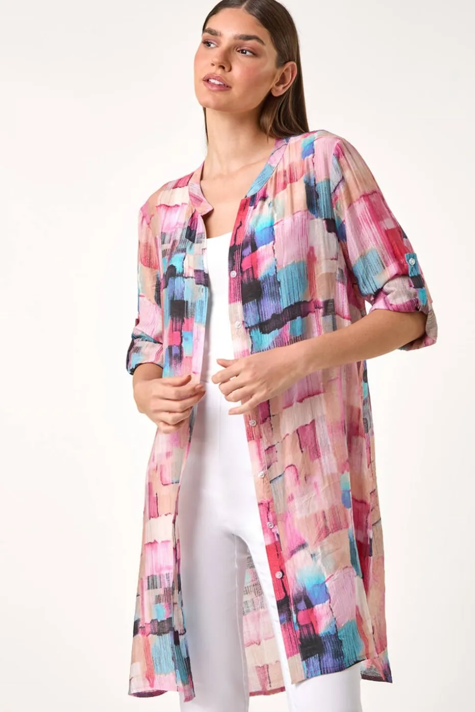 Roman Pink Abstract Print Longline Blouse
