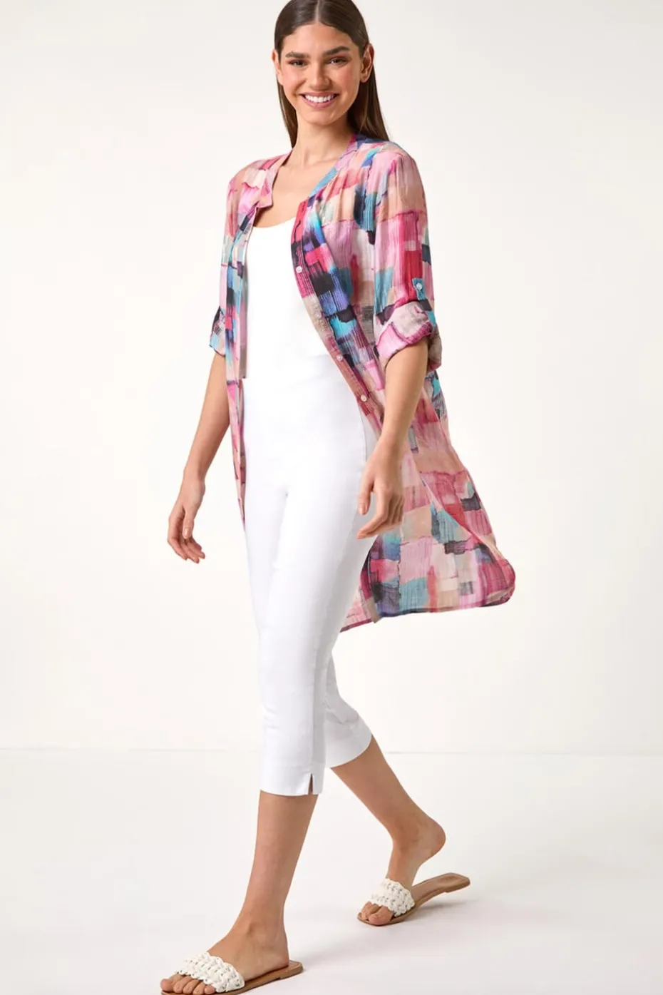 Roman Pink Abstract Print Longline Blouse