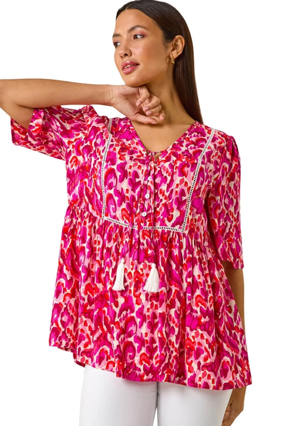 Roman Pink Abstract Print Tassel Top