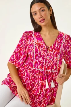Roman Pink Abstract Print Tassel Top