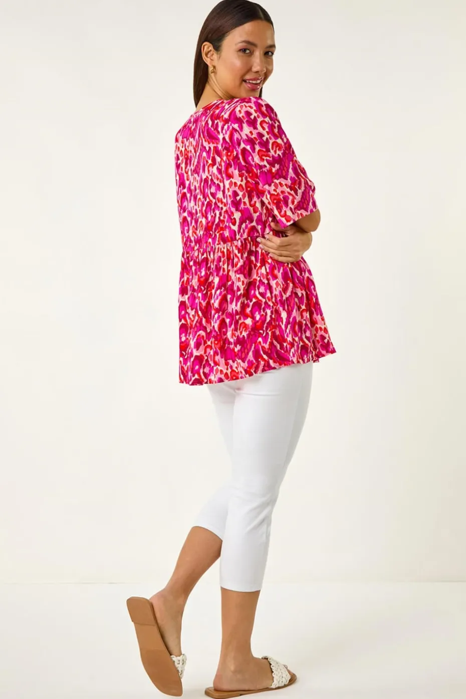 Roman Pink Abstract Print Tassel Top