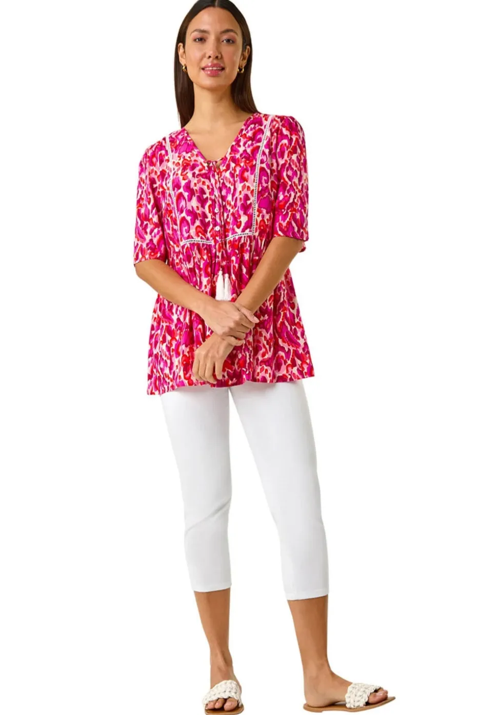 Roman Pink Abstract Print Tassel Top