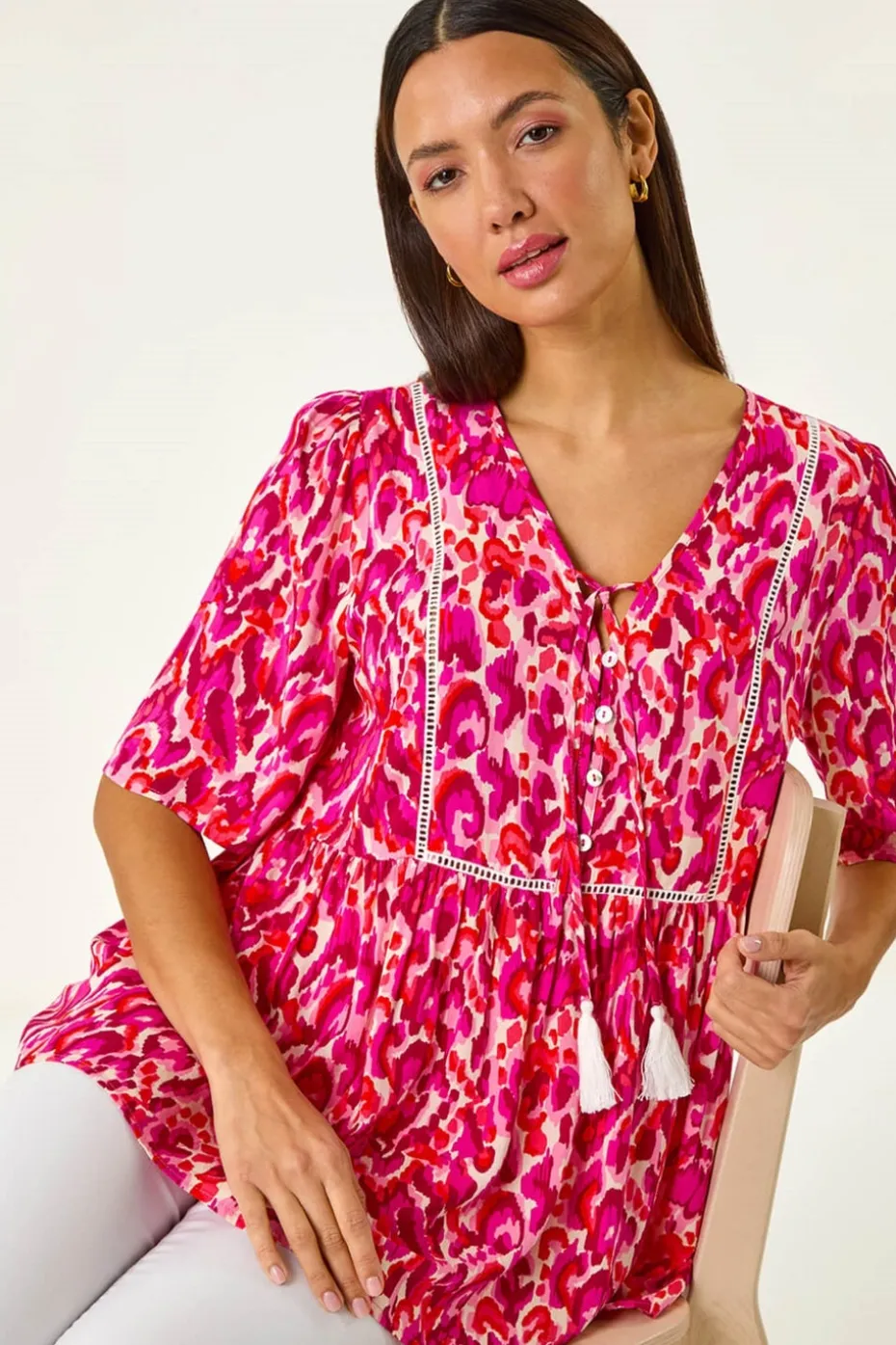 Roman Pink Abstract Print Tassel Top