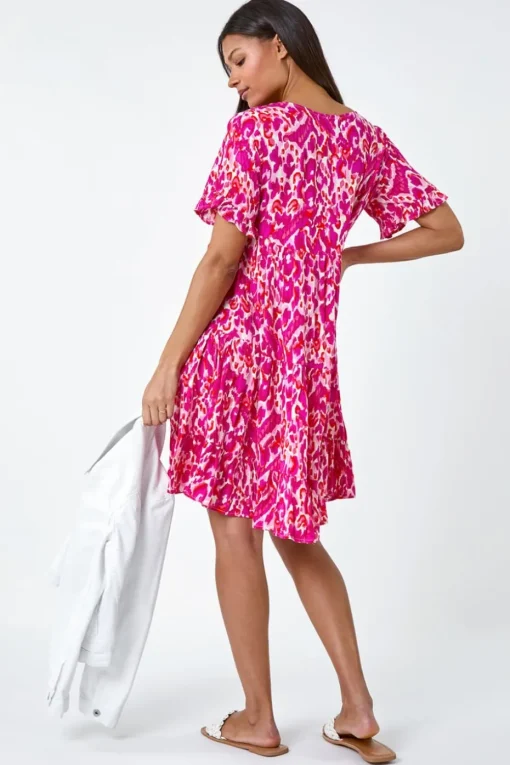Roman Pink Abstract Print Tiered Smock Dress