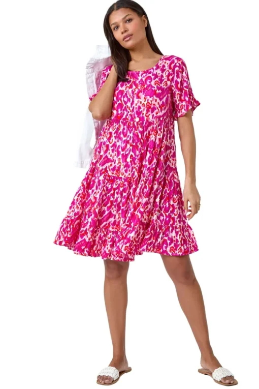 Roman Pink Abstract Print Tiered Smock Dress
