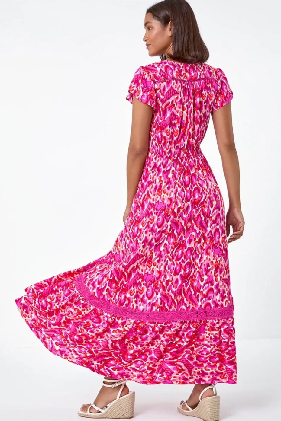 Roman Pink Abstract Print Shirred Waist Maxi Dress