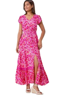 Roman Pink Abstract Print Shirred Waist Maxi Dress