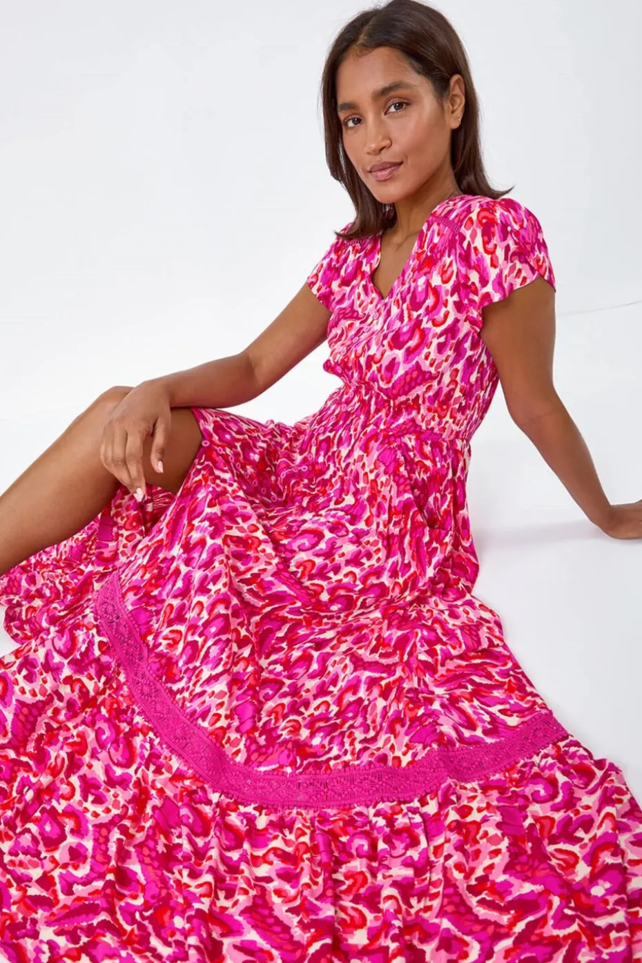 Roman Pink Abstract Print Shirred Waist Maxi Dress