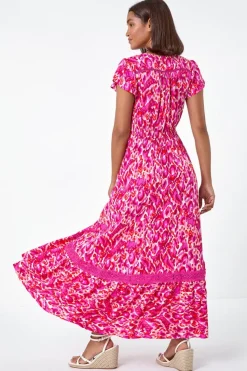 Roman Pink Abstract Print Shirred Waist Maxi Dress