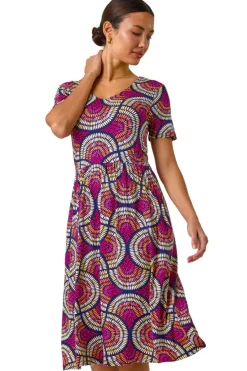 Roman Pink Abstract Print Stretch Midi Dress