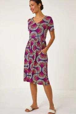 Roman Pink Abstract Print Stretch Midi Dress