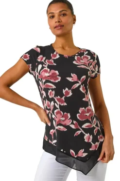 Roman Pink Abstract Print Chiffon Hem Top