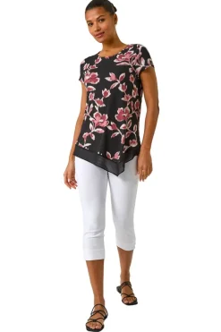Roman Pink Abstract Print Chiffon Hem Top