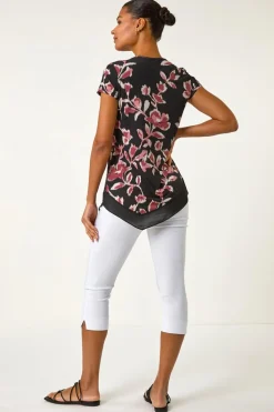 Roman Pink Abstract Print Chiffon Hem Top