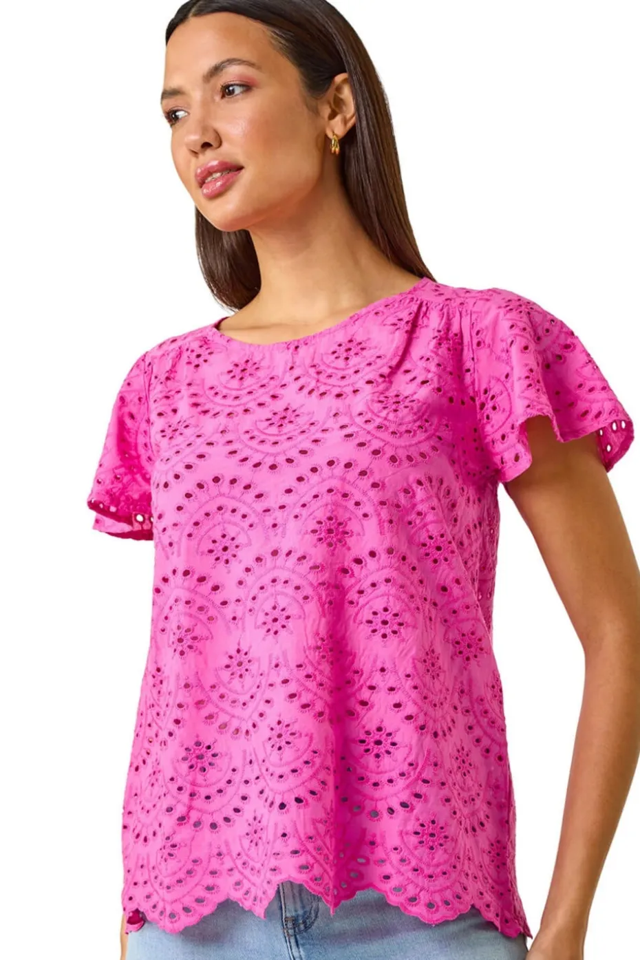 Roman Pink Broderie Short Sleeve Top