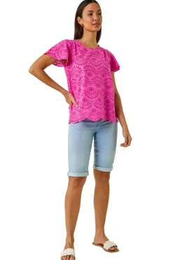 Roman Pink Broderie Short Sleeve Top