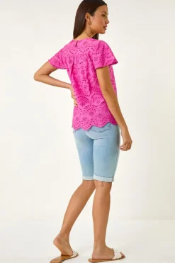 Roman Pink Broderie Short Sleeve Top
