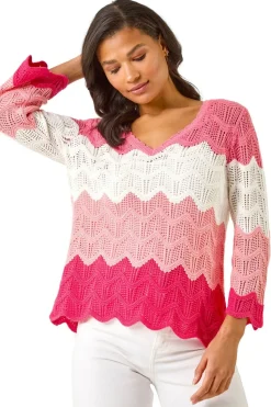 Roman Pink Colour Block Crochet Knit Scalloped Jumper