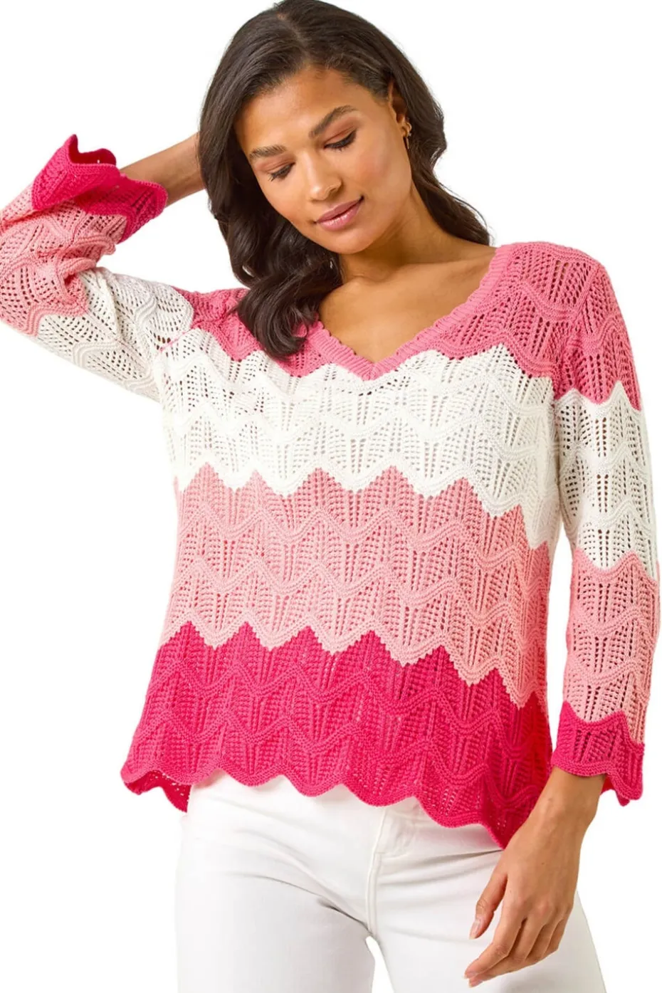 Roman Pink Colour Block Crochet Knit Scalloped Jumper