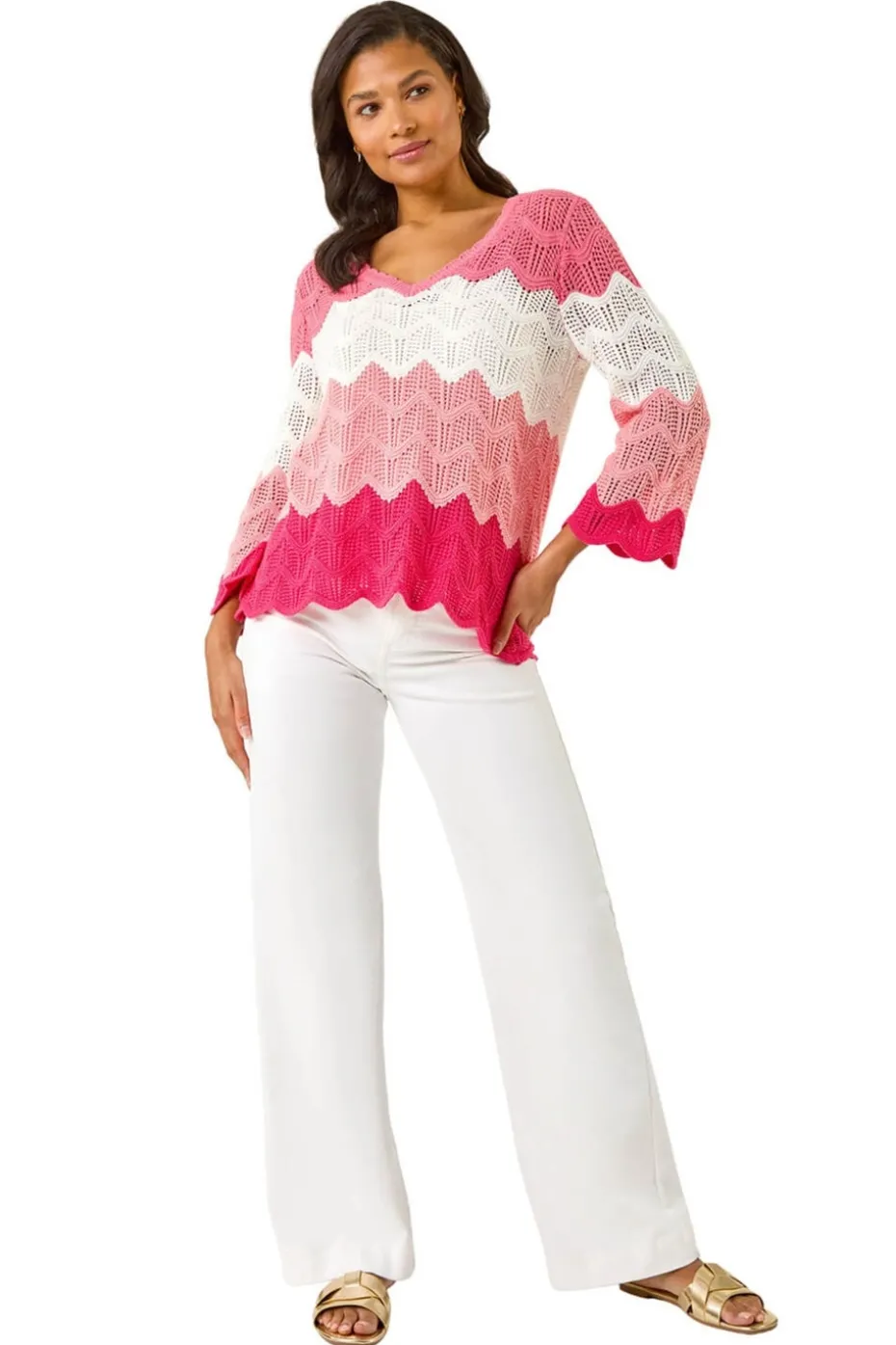 Roman Pink Colour Block Crochet Knit Scalloped Jumper